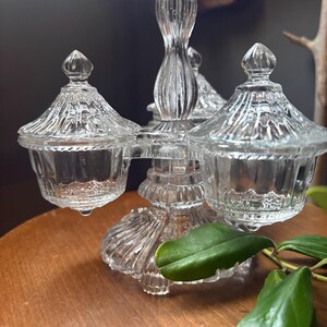 VINTAGE condiment serving: cruet depression glass and lids,fancy food kitchen jam server bakery,farm house elegant dinner image 3