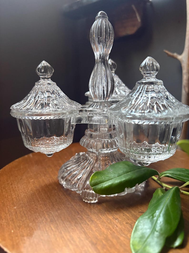 VINTAGE condiment serving: cruet depression glass and lids,fancy food kitchen jam server bakery,farm house elegant dinner image 3