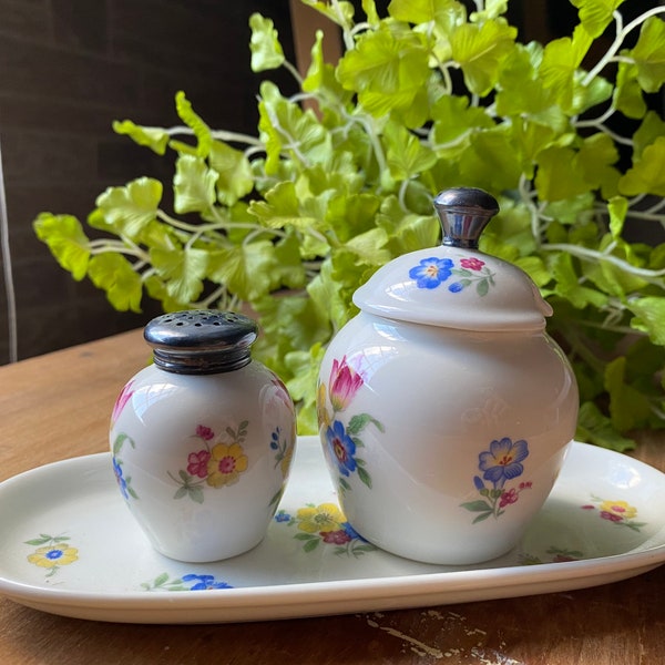 VINTAGE small jar set tray Thomas Germany,white porcelain spring floral with silver lids gift vanity bride ring bearer spice container