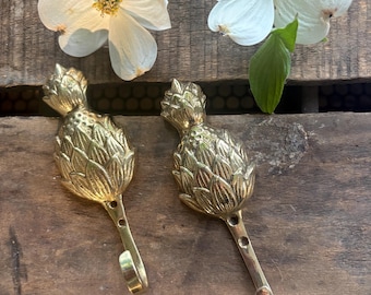 2 Brass Small Pineapple hooks: 4.5” gold metal functional decoration hospitality symbol