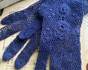 VINTAGE GLOVES | hand made blue crochet cotton ladies glove | Easter church wedding elegant floral fishnet peek a boo design sun cover