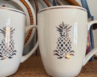 VINTAGE GODINGER | 4 porcelain white mugs silver pineapple decor coffee shop tea mug,island luxe  wedding party mom day entertaining 4”