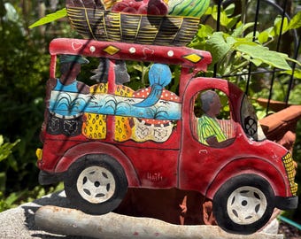 Vibrant Haitian Metal Bus Art: Tropical Fruit Market Wall Decor (11x10")