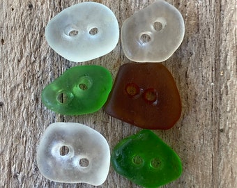 6 tiny GLASS BUTTONS drilled beach found sea glass, knitting sewing white brown green 3mm holes,handmade unique gift Christmas winter