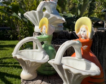 3 VINTAGE porcelain small girls with basket: miniature flower holder hand painted Japan pottery