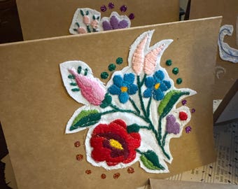 Handmade Stitched Greeting Cards: repurposed vintage embroidery, glitter Collage Art - Set of 4