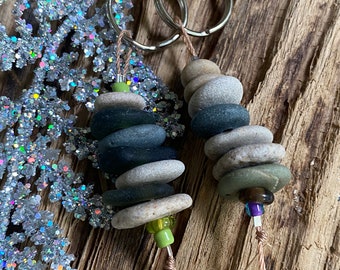 2 CAIRN STACK keychains | stone sea glass beach glass pebbles upcycled key fob, unique dad gift, Christmas stocking stuffer,peace zen calm