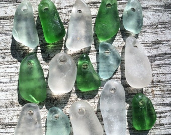 SEA GLASS | 15 small drilled sea glass 2mm holes charm pendants | aqua white green | beach decor | wedding jewelry mermaid necklace