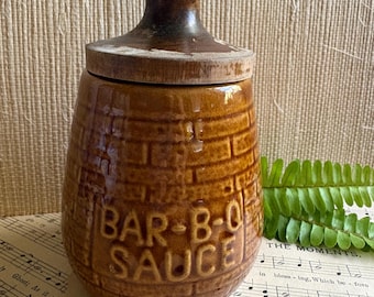 VINTAGE BBQ jar: brown glazed stoneware pot container earthenware rustic cottage kitchen sauce holder