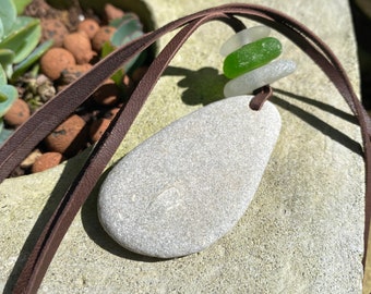 BEACH stone and sea glass | natural necklace leather string jewelry | unique sand rock bead mermaid jewelry pendant boho | summer