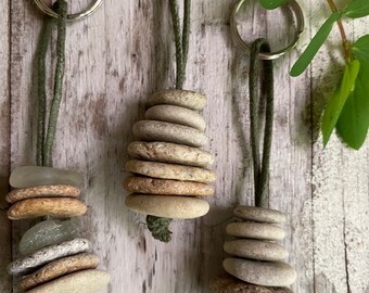 CAIRN STACK keychain | 7 stone only and/or sea glass drilled beach pebble rock key fob, unique gift, boho vibe Earth geology, cordage varies