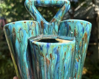 Ceramic container planter blue turquoise drip glaze 8”