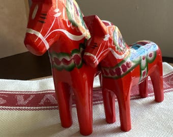 2 Vintage Hand-Carved Dala Horse: Swedish Folk Art Decor, 4" and 3”, Nils Olsson red folklore motif unique Christmas heritage gift