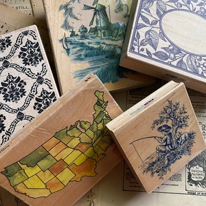 5 sellos de goma grandes / bloque de madera Molino de viento holandés, toile paisaje pictórico floral fauna, casa de campo rústica francesa, libro de manualidades tarjeta sello de tinta