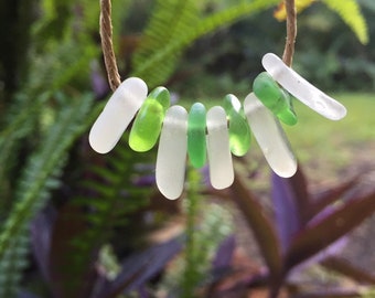 BEACH glass beads | 9 small drilled sea glass green white,wedding earring jewelry,mermaid decor,2mm hole,DIY necklace,upcycled ocean finds