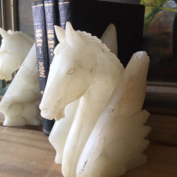 PEGASUS bookends | pair of white alabaster horse heads wings mystic | rustic office bookcase | Christmas gift boss teacher paperweight