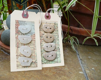 STONE and sea glass buttons | 8 handmade buttons on 2 tags, ocean white glass,beach pebbles organic button, unique Christmas gift