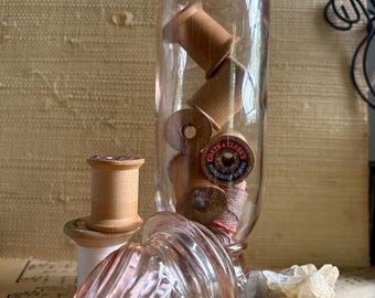 APOTHECARY 10” Tiffin Marly peach/pink swirl glass bottle pharmaceutical decor with stopper unique container