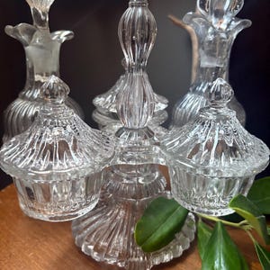 VINTAGE condiment serving: cruet depression glass and lids,fancy food kitchen jam server bakery,farm house elegant dinner image 2