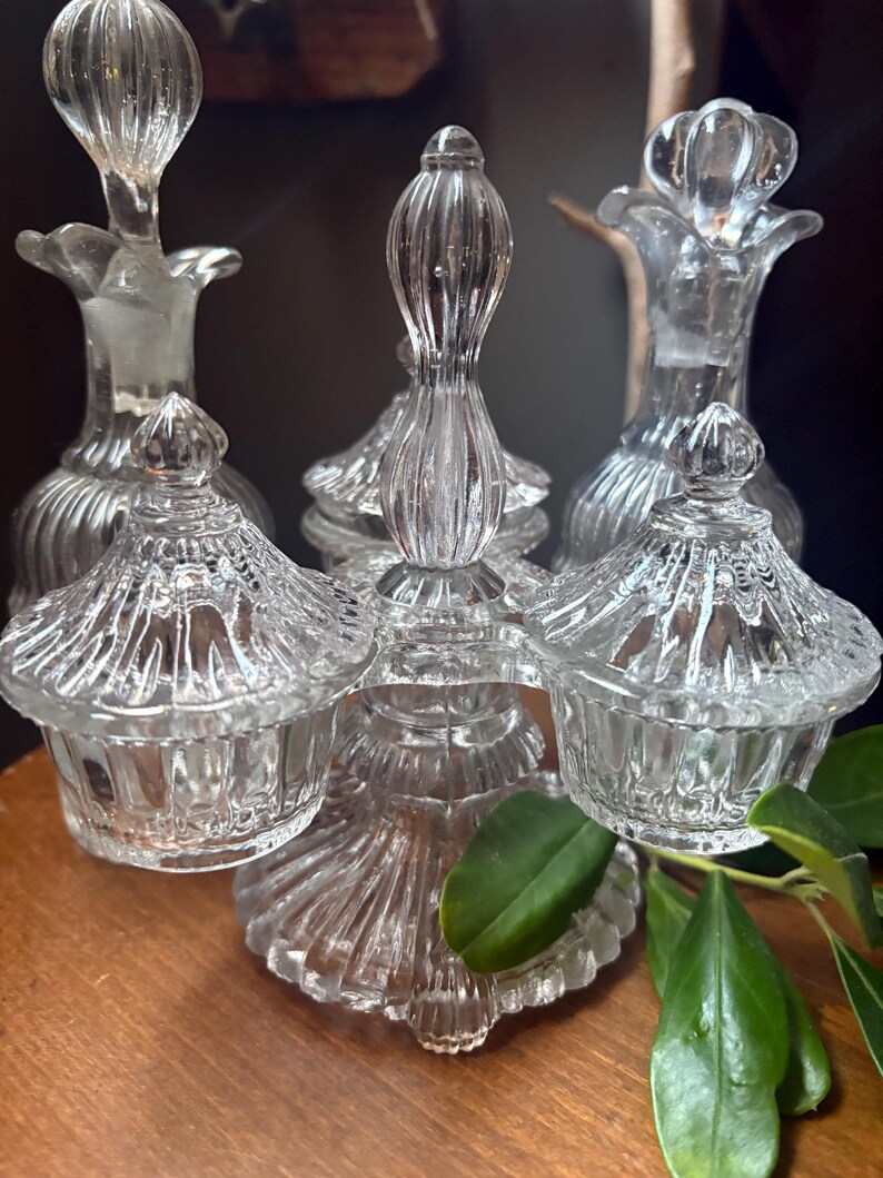 VINTAGE condiment serving: cruet depression glass and lids,fancy food kitchen jam server bakery,farm house elegant dinner image 2