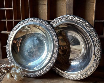 2 silver dishes: fancy silverplate vintage metal 7.5” round server bowls, W. Rogers