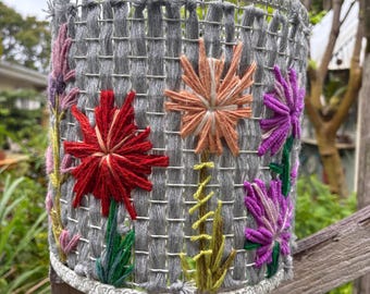 One of a kind lampshade: handmade floral stitched wool embroidery unique 10” metal lamp shade lighting interior design