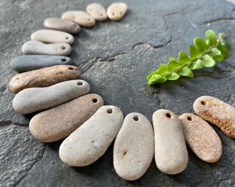 15 Beach Stone Pendants: Top Drilled Elongated Pebble Beads, DIY jewelry making