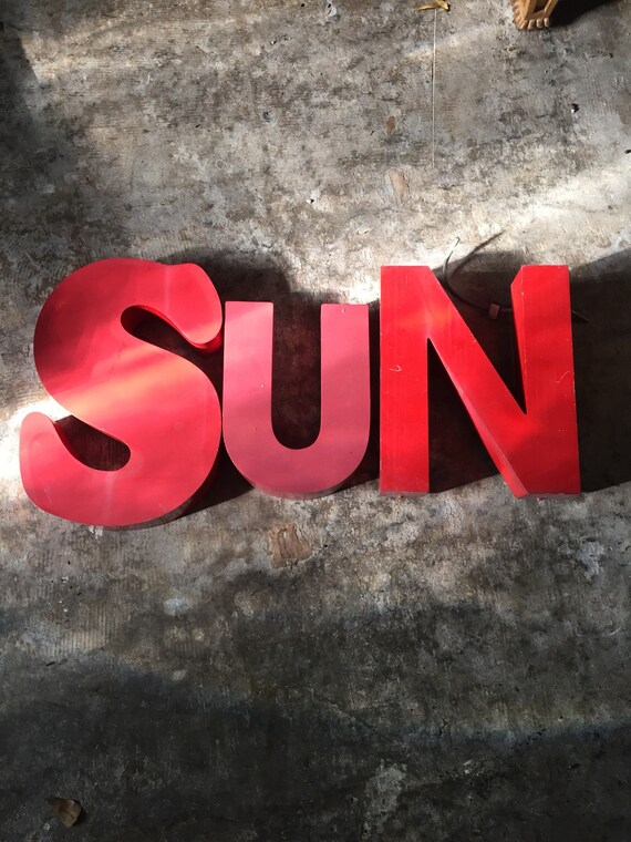 Sun Red Wall Sign 3 Red Metal Letters Repurposed Aluminum Etsy