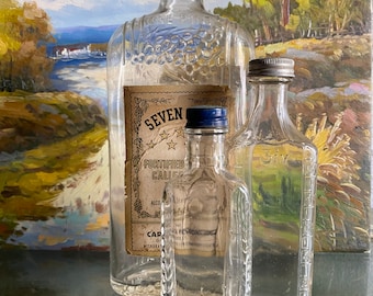 VINTAGE 3 glass bottles | pharmaceutical display with caps | Bayer medicine | bar kitchen man cave | advertising souvenir art | Christmas