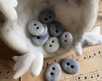 9 MARBLE buttons: small 1/2” white grey drilled button, Malaga Spain beach souvenir sewing craft notion upcycle
