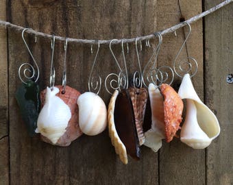 NATURAL ELEMENTS...10 sea glass, beach shell ornaments,Christmas home,party supplies,wedding,cottage chic,upcycle found treasure,rustic