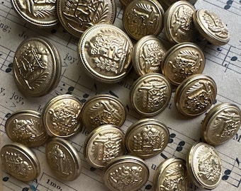 VINTAGE gold buttons | 80 metal round costume button,6 sorts 15-20mm clothing designer embellishment, Waterbury,unique Christmas decor