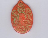 Vintage Egyptian Revival 2 Sided Glass Pendant Bohemian Pressed Glass Red Green Trimmed 40 x 30 mm