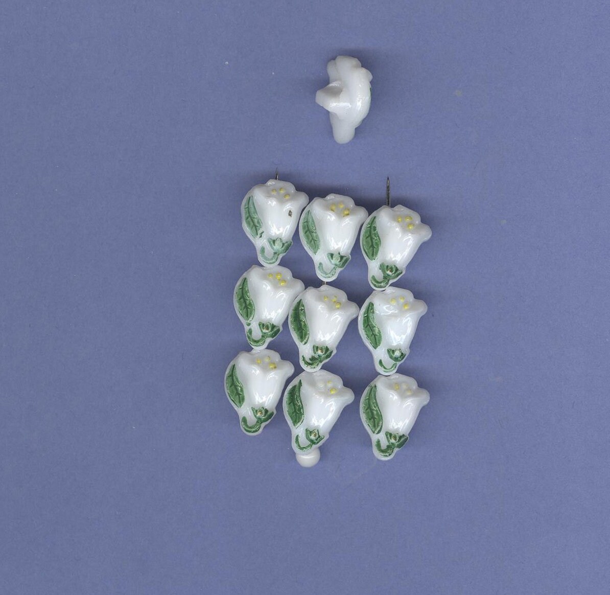 5 Pale Blue Vintage German Glass Cabochons Pink Rose Leaves 18 x 13 mm