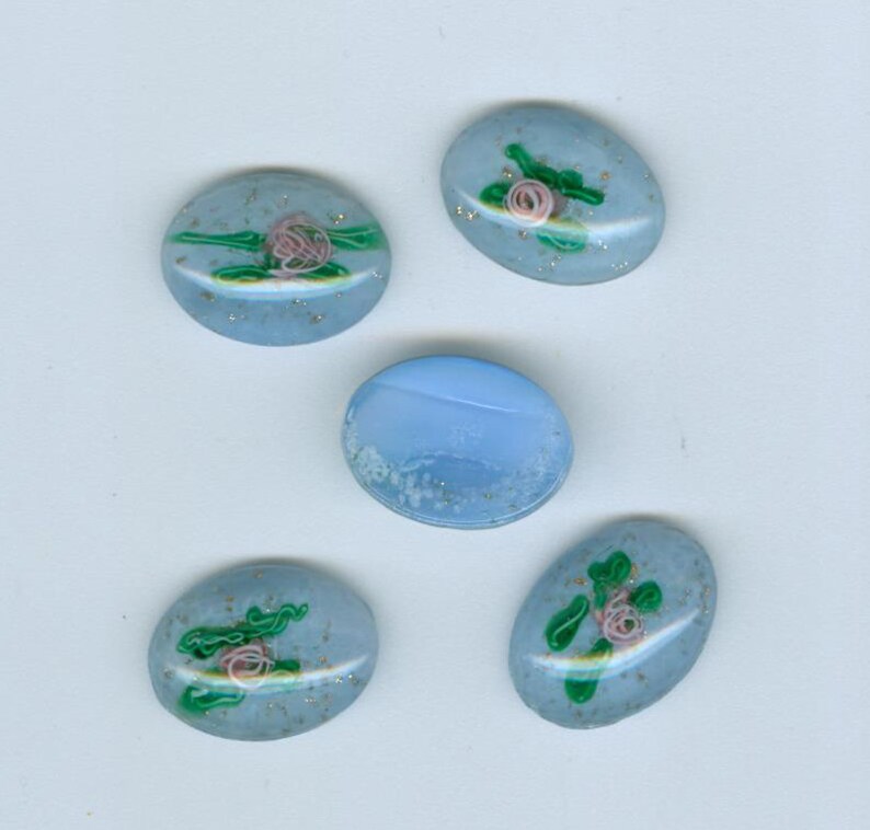 5 Pale Blue Vintage German Glass Cabochons Pink Rose Leaves 18 x 13 mm