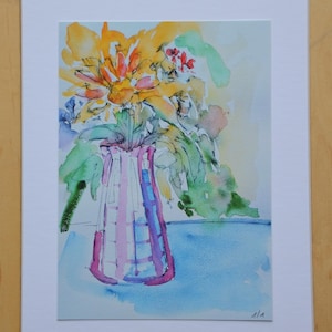 Tirage d'art pour aquarelle "Tournesol dans un vase / Tournesol dans un vase" sur carte