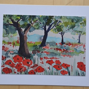 Fine Art Print for Aquarell Painting "Mohnblumen vor dem Wald / Poppies before the forest" on card