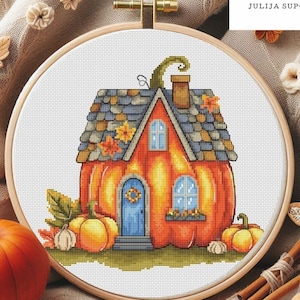 Autumn pumpkin house cross stitch pattern PDF cozy fall embroidery design counted cross stitch chart Punto de Cruz instant download