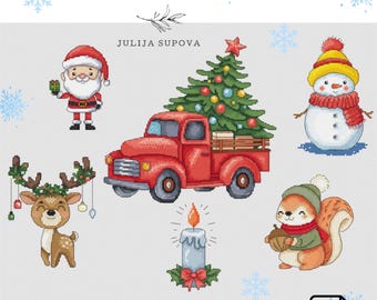 Set of 6 Christmas Cross stitch pdf pattern winter ornament snowman modern hand embroidery new year Santa xstitch squirrel and Deer