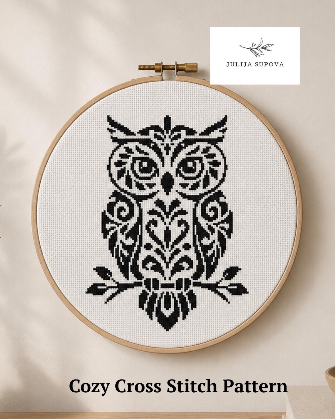 Owl Cross Stitch Pattern, Black and White Embroidery PDF, Minimalist Animal Pattern, Modern Folk Art