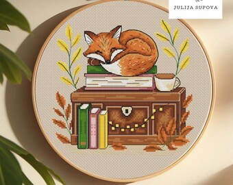Sleeping fox cross stitch pattern cozy autumn animal pdf embroidery design modern woodland needlework magic cross stitch Punto de Cruz