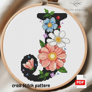 Patrón de punto de cruz con letra J personalizada, diseño de bordado floral, letra moderna, divertida puntada en cruz, flores, decoración de pared para bebé hecha a mano
