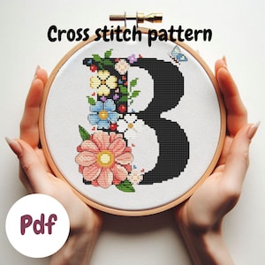 Letra personalizada B patrón de punto de cruz diseño de bordado floral letra moderna divertida cruz xstitch flores hechas a mano decoración de la pared del bebé