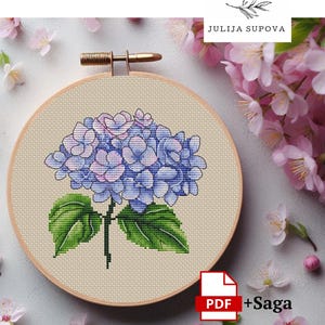 Patrón de punto de cruz de hortensia, bordado floral moderno, gráfico de flores, diseño fácil de punto de cruz, adorno botánico, bordado, muestrario de naturaleza