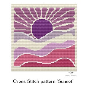 May include: Cross stitch pattern titled "Sunset" featuring a stylized sunset design. The design includes a purple sun with radiating lines, and layered waves in shades of pink and purple. The pattern is on a cream-colored background.
