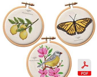 Set of 3 Cross stitch art pdf pattern lemons modern and unique hand embroidery design butterfly needlepoint canvas home decor bird sampler