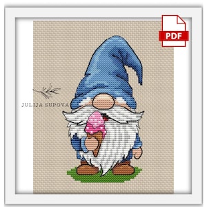 Ice cream gnome cross stitch pattern summer gnome pdf  funny embroidery  counted cute Punto Cruz modern needlework design instant download