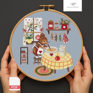 Cottagecore Cross Stitch Pattern, Mouse Embroidery, Cozy Kitchen Decor, Farmhouse Style, PDF Download