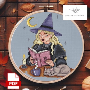 Halloween witch cross stitch pattern pdf cat embroidery design Punto de Cruz funny spooky autumn counted needlework instant download