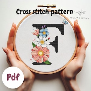 Letra personalizada F patrón de punto de cruz diseño de bordado floral letra moderna divertida cruz xstitch flores hechas a mano decoración de la pared del bebé